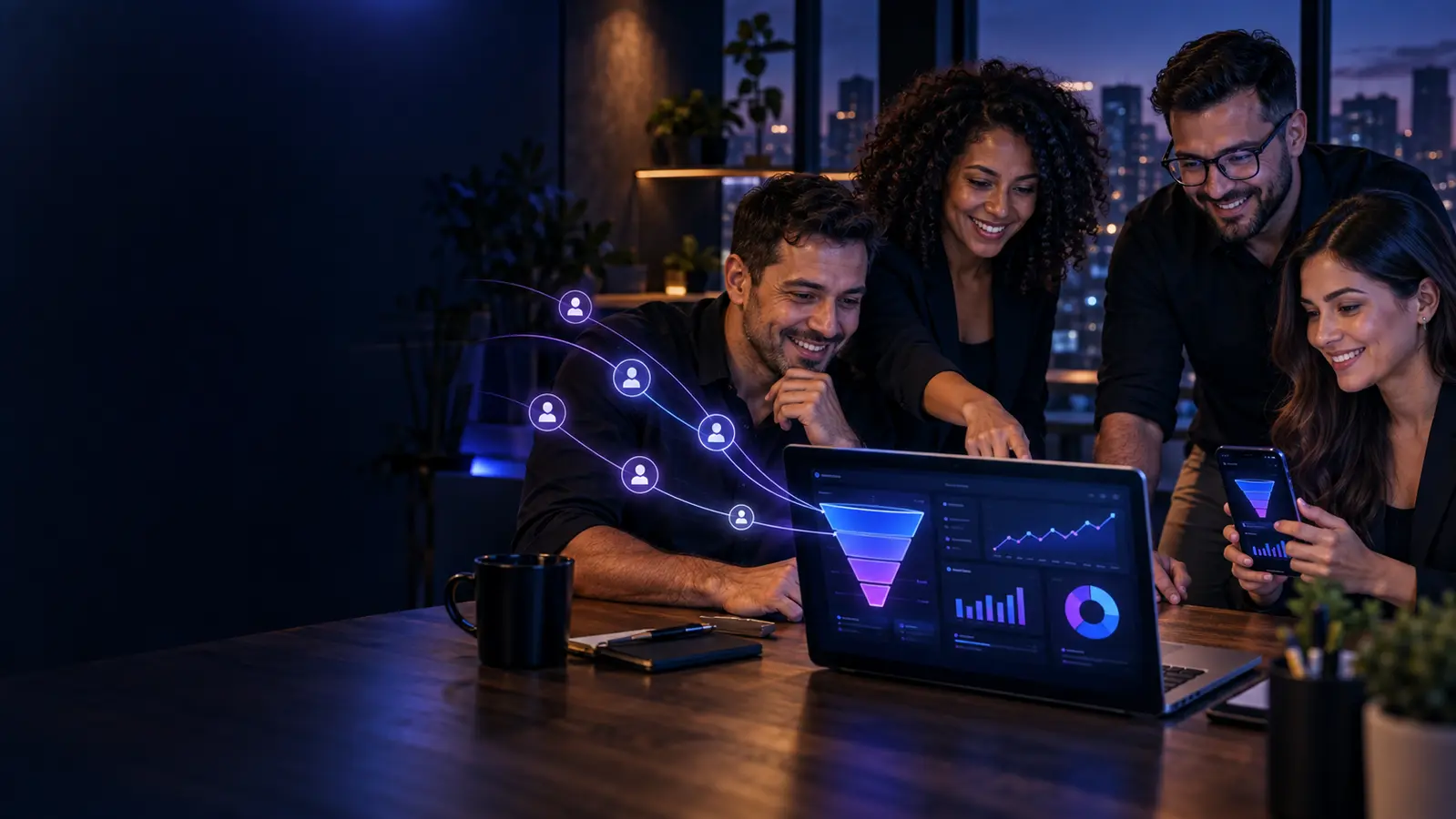 Equipe analisando uma estratégia de geração de leads em ambiente digital